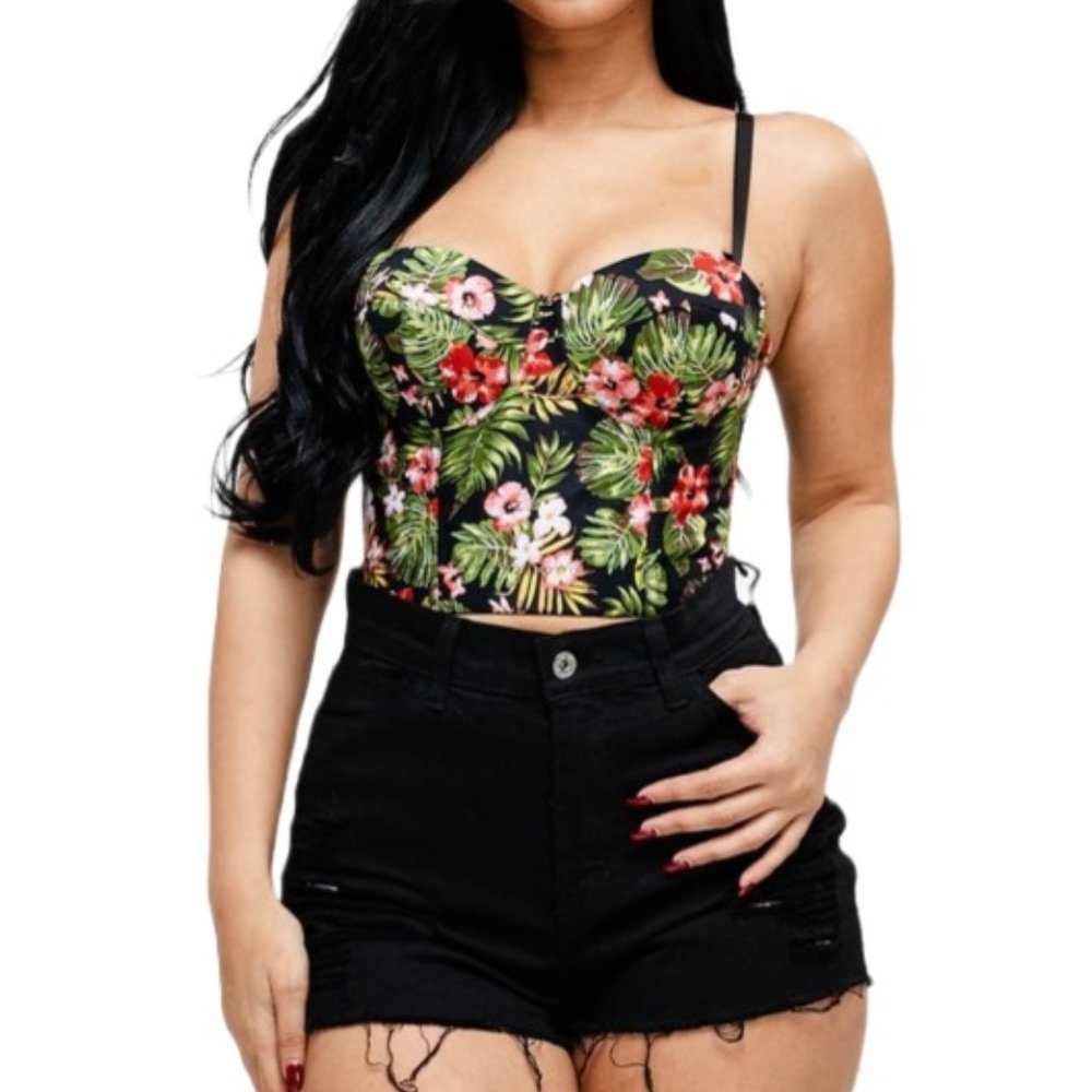 Women's Adjustable Spaghetti Strap Tropical Bustier Crop Top with Hook